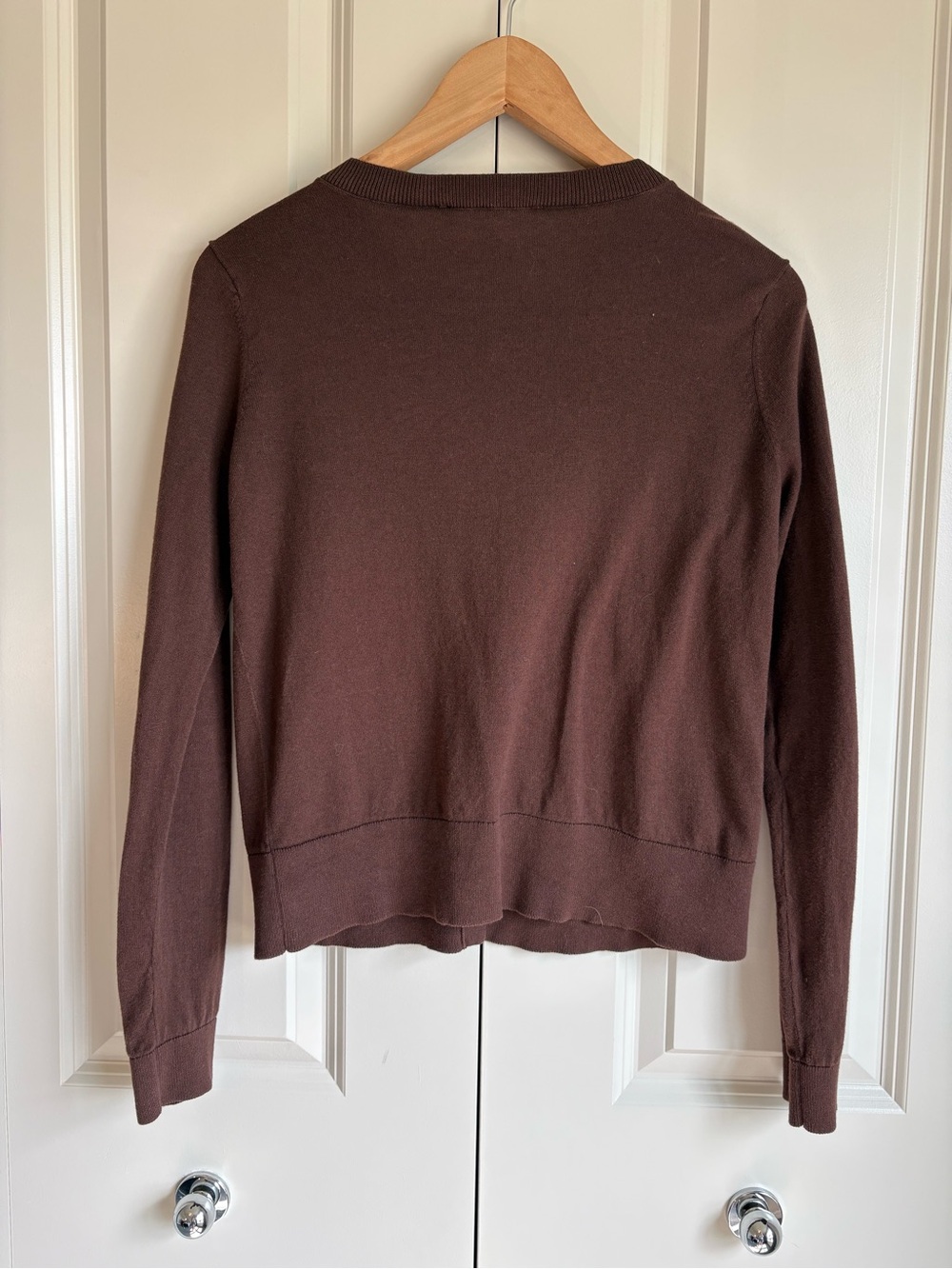 Loft Chocolate Brown Crewneck Cardigan Sweater Button Front 100% Cotton Medium - Picture 2 of 7